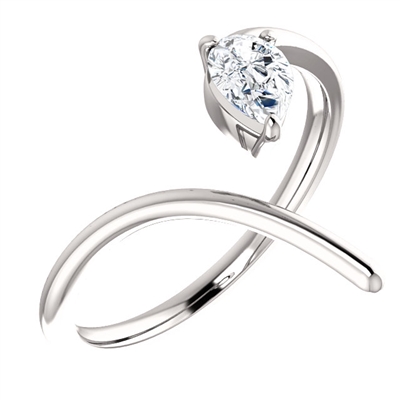 This 14k white gold split shank ring features a single pear cut shape diamond with a thin and unique band.