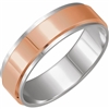 This 14k white and rose gold mens wedding ring features a thicker row of 14k rose gold encircled by a 14k white gold border.