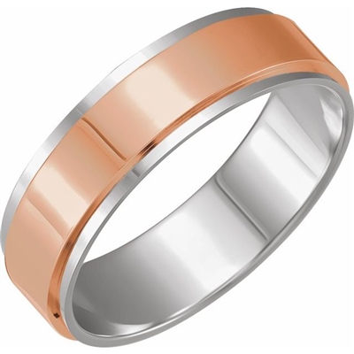 This 14k white and rose gold mens wedding ring features a thicker row of 14k rose gold encircled by a 14k white gold border.