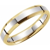 Thus 14k yellow and white gold wedding band features a dynamic beveled edge.
