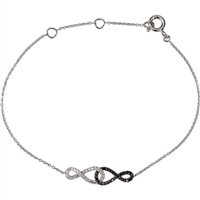 A black diamond infinity symbol greets a white diamond infinity symbol in this harmonious 14k white gold diamond tennis style bracelet.