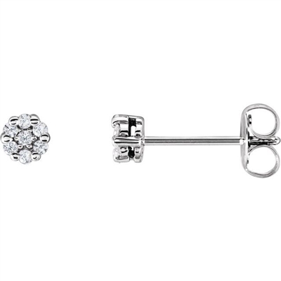 This air of 14k whit gold diamond cluster stud earrings feature 0.10 carats of round diamonds.