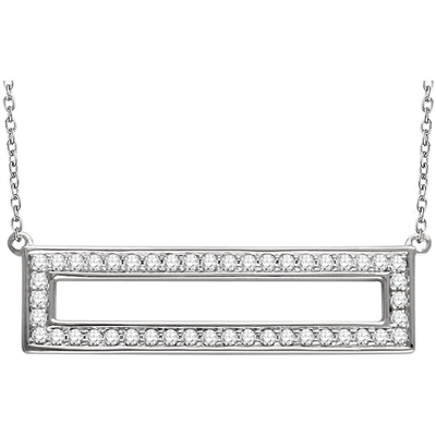 Round brilliant diamonds are laid into 14k white gold in this diamond rectangle necklace, with the diamonds totaling over one third carats!