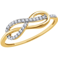 This diamond infinity ring showcases round diamonds in an elegant and simple setting in 14k gold.