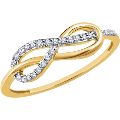 This diamond infinity ring showcases round diamonds in an elegant and simple setting in 14k gold.