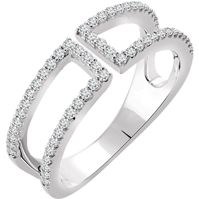 One third carats of round brilliant diamonds glisten in this 14k white gold geometrically inspired diamond ring.