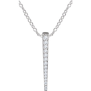 A 14k white gold vertical bar diamond drop necklace with 0.25 carats of diamonds.