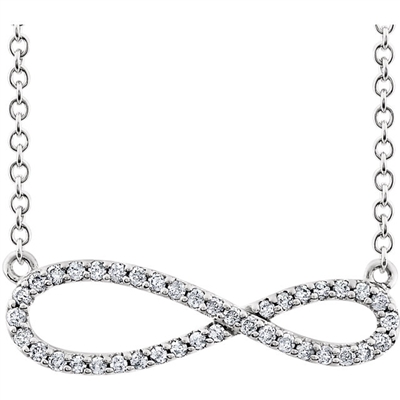 This diamond infinity necklace features one quarter carats of diamond shine.