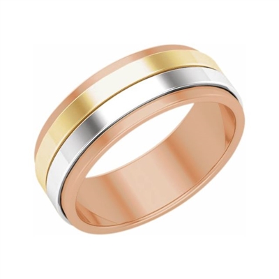 This 14k tricolor mens wedding band features three adjacent rows of different shades of gold.