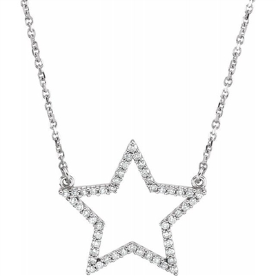 This 14k white gold diamond star necklace features round brilliant diamonds.