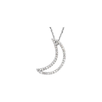 A 14k white gold diamond moon necklace with 0.20 carats of round diamonds.