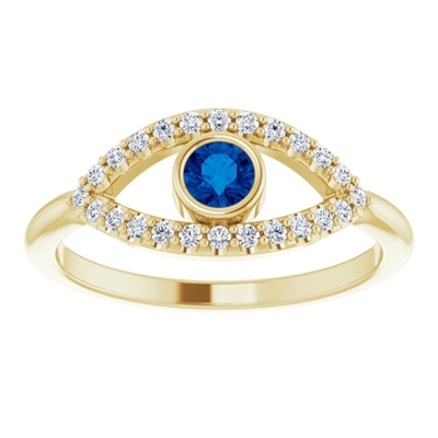 A 14k yellow or white gold diamond and sapphire evil eye ring with 0.24 carats of diamonds.