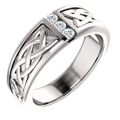 A celtic designed 14k white gold men's ring with three round brilliant diamonds.