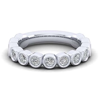Smooth diamond bezels encompass round brilliant diamonds in this 14k white gold diamond ring.