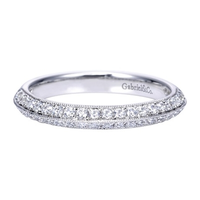 Double sides of round diamonds stack against each other to create this well designed, high quality 14k white gold diamond wedding band.