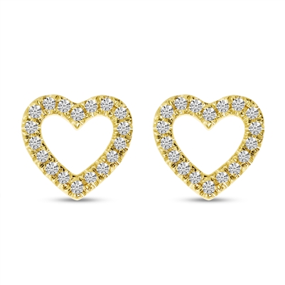 These 14k yellow gold diamond heart stud earrings feature round brilliant diamonds