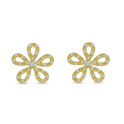 This pair of 14k yellow gold floral earrings shimmers with round brilliant diamond accebts.