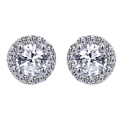This 14k white gold diamond stud earring features nearly one quarter carat of diamonds in a halo with a round diamonds in center.