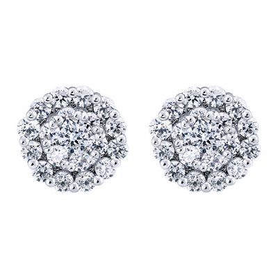This 14k white gold pair of diamond cluster stud earrings features over three quarter carats of round brilliant diamonds in its center and halo.