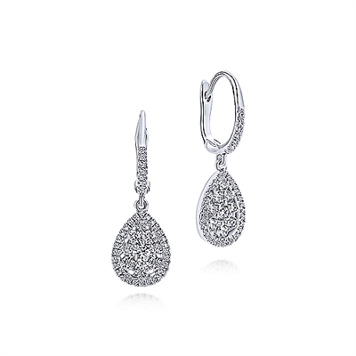 This uniquely styled 14k white gold diamond cluster drop earrings hang in a tear drop shape.