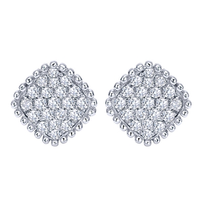 This beaded 14k white gold diamond cluster stud earrings with one third carats of round brilliant diamonds features diamond rows that glisten beautifully from your ears.