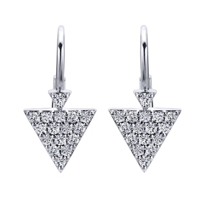 This fashionable pair of triangular hanging diamond earrings contains nearly one third carats of round brilliant diamonds.