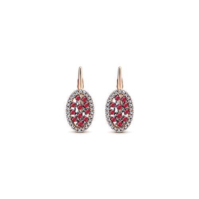 Rubies and diamonds intertwine in this colorful 14k rose gold leaver back drop earring.