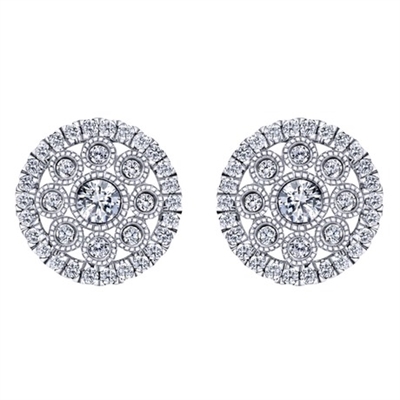These 14k white gold spiral diamond studs are swirled with round brilliant diamonds in this pair of clustered studs.