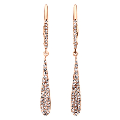 This 14k rose gold pair of hanging earrings shines with one third carats in round brilliant diamonds set along the drop of this fashion earring pair.