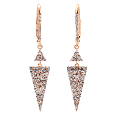 These rose gold diamond drop earrings hang with over one half carat of round brilliant diamonds in a fantastic and clever set of 14k rose gold earrings.