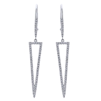 This open pair of diamond drop earrings in a triangle shape shines with over one third carats of round brilliant diamonds in 14k white gold.