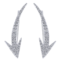 These 14k white gold diamond cuff earrings feature prominent diamond arrow shapes thats showcase over one quarter carats of round brilliant diamonds.