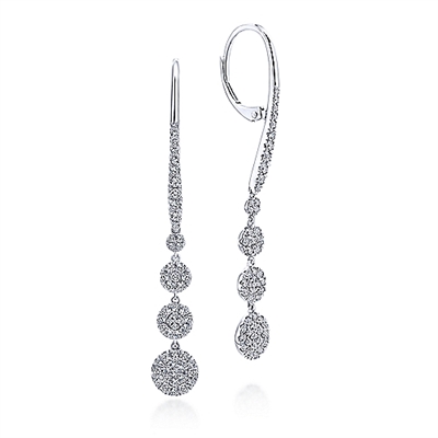 This 14k white gold pair of diamond earrings features three diamond drop discs feature over three quarter carats of diamond shine.