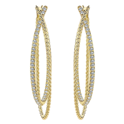 These astounding 14k yellow gold diamond hoop earrings feature 1.30 carats in diamond brilliance that swoop and swirl up and down this diamond hoop earring.