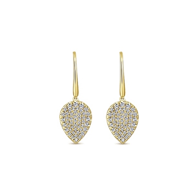 This french wire 14k yellow gold diamond leaf pair of earrings showcases 0.85 carats of diamonds.
