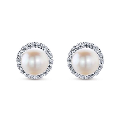 14K White Gold Pearl & Diamond Halo Stud Earrings