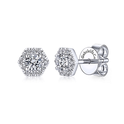 A diamond hexagon halo stud earring featuring 0.51 carats of diamonds in 14k white gold.