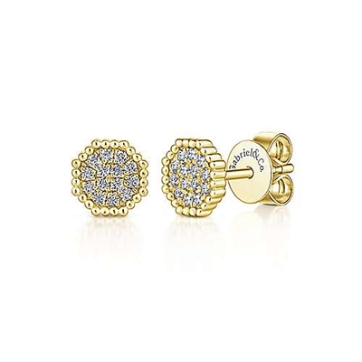 This cluster diamond stud earring is n 14k yellow gold in an octagon shape.