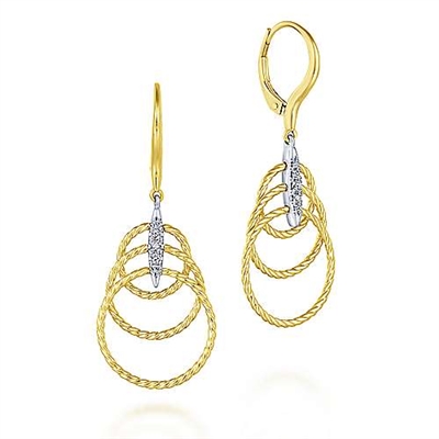 These 14k yellow gold triple loop earrings feature delicate diamond accents.