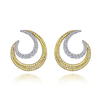 This 14k yellow and white gold diamond stud earrings feature 0.38 carats of diamond shine in a crescent moon shape.