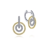 14k white and yellow gold combine to form these diamond drop hoop earrings.