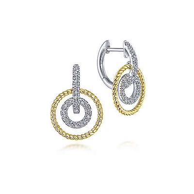 14k white and yellow gold combine to form these diamond drop hoop earrings.
