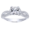 This diamond encrusted split shank criss cross style diamond engagement ring with one third carats of round brilliant diamonds sets up a center cut princess diamonds.