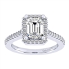 This subtle and clean emerald cut diamond halo engagement ring with over on third carats of round diamonds shimmers and glistens in white gold or platinum.