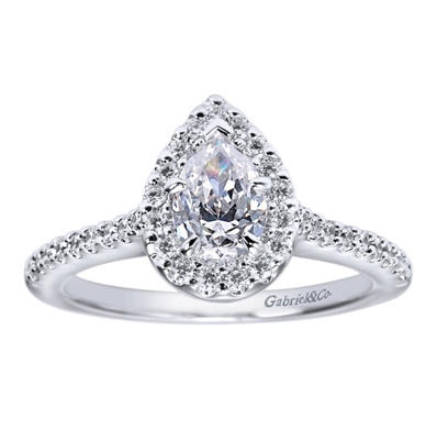 This pear shaped diamond halo engagement ring is simmering with 1/3 carats of round brilliant diamonds and is set in beautiful and durable platinum.