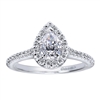 Round brilliant diamonds climb their way to the peak of this pear shape center diamond contemporary halo engagement ring in white gold or platinum.