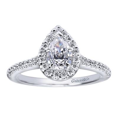 Round brilliant diamonds climb their way to the peak of this pear shape center diamond contemporary halo engagement ring in white gold or platinum.