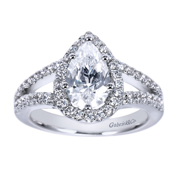 14kt White Gold Split Shank Pear Shaped Halo Engagement Ring