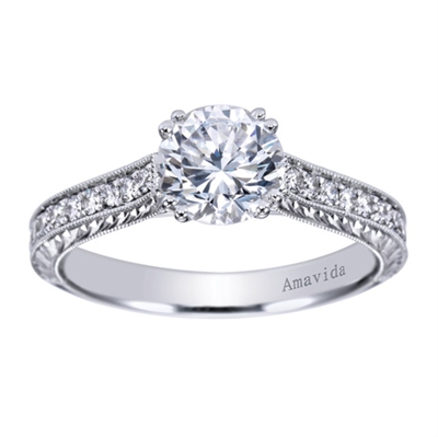 A wonderfully full of round brilliant diamond straight vintage style engagement ring in 18k white gold or platinum.