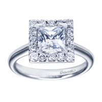Straight lines and shiny stones please the eye in this variation of a contemporary princess halo engagement ring.